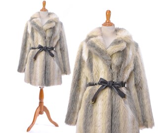 M Faux Fur Coat Womens Vintage 1970s clothing feminine boho coyote 70s belted winter animal print silver tan