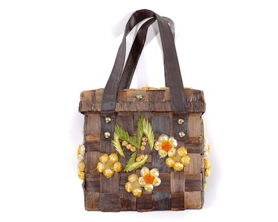 1960s Vintage Straw Purse Bag Dark Brown Retro 60s