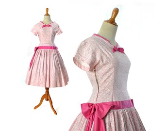 XS Small 1950s pink party dress pinup 50s Lolita rockabilly bow cute retro cotton Valentines Day dress outfit
