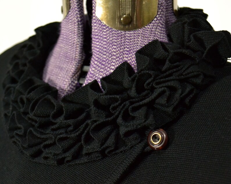 Size M Black Sweater Dress 1960s Dress 60s Womens Vintage Clothing Retro Lettuce Edge Double Breasted Ruffle Long Sleeve Modest