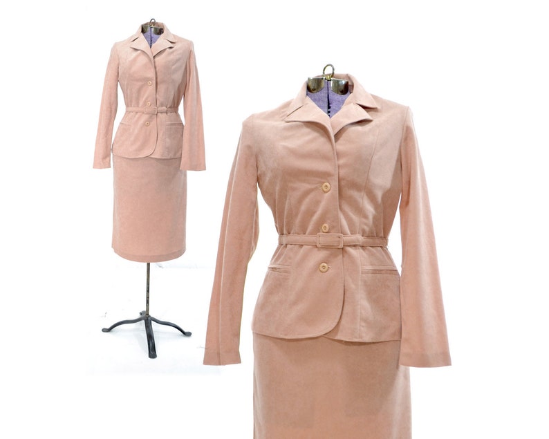 Size Medium Pink Faux Suede Suit Ladies Womens 1970s 70s jacket skirt winter pencil seventies retro seventies blazer small beige peach mauve