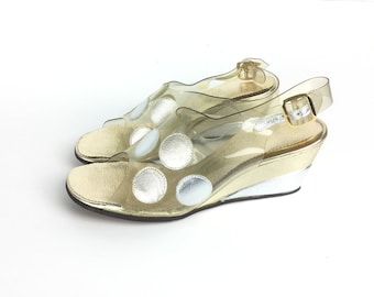 1960s shoes, Gold shoes, Silver shoes, 60s shoes, size 5 55, clear, plastic, costume, wedge heels, polka dot, leather, womens