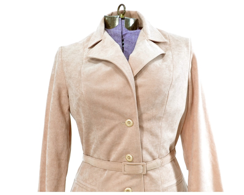 Size Medium Pink Faux Suede Suit Ladies Womens 1970s 70s jacket skirt winter pencil seventies retro seventies blazer small beige peach mauve
