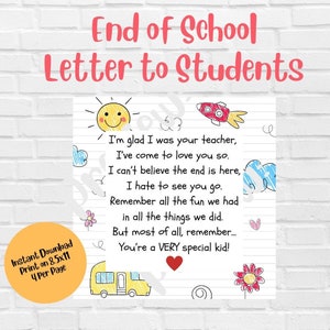 Teacher Goodbye Letter to Kids, Teacher End of School Letter Printable, Letter to Students, Digital Download, End of Year Note to Students