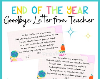 Teacher Goodbye Letter to Kids, Teacher End of School Letter Printable, Letter to Students, Digital Download, End of Year Note to Students