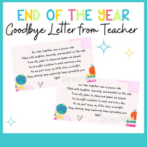 Teacher Goodbye Letter to Kids, Teacher End of School Letter Printable, Letter to Students, Digital Download, End of Year Note to Students