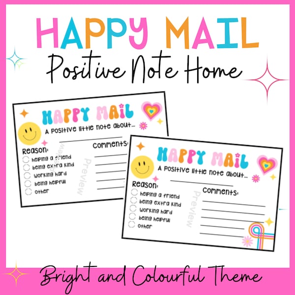 Bright Happy Mail - Positive Note from the Teacher - Teacher Feedback -Teacher Printable - Teacher  - Reward Note home