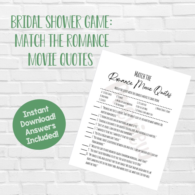 Match the Romance Movie Quote Game, Bridal Shower Games Printable ...