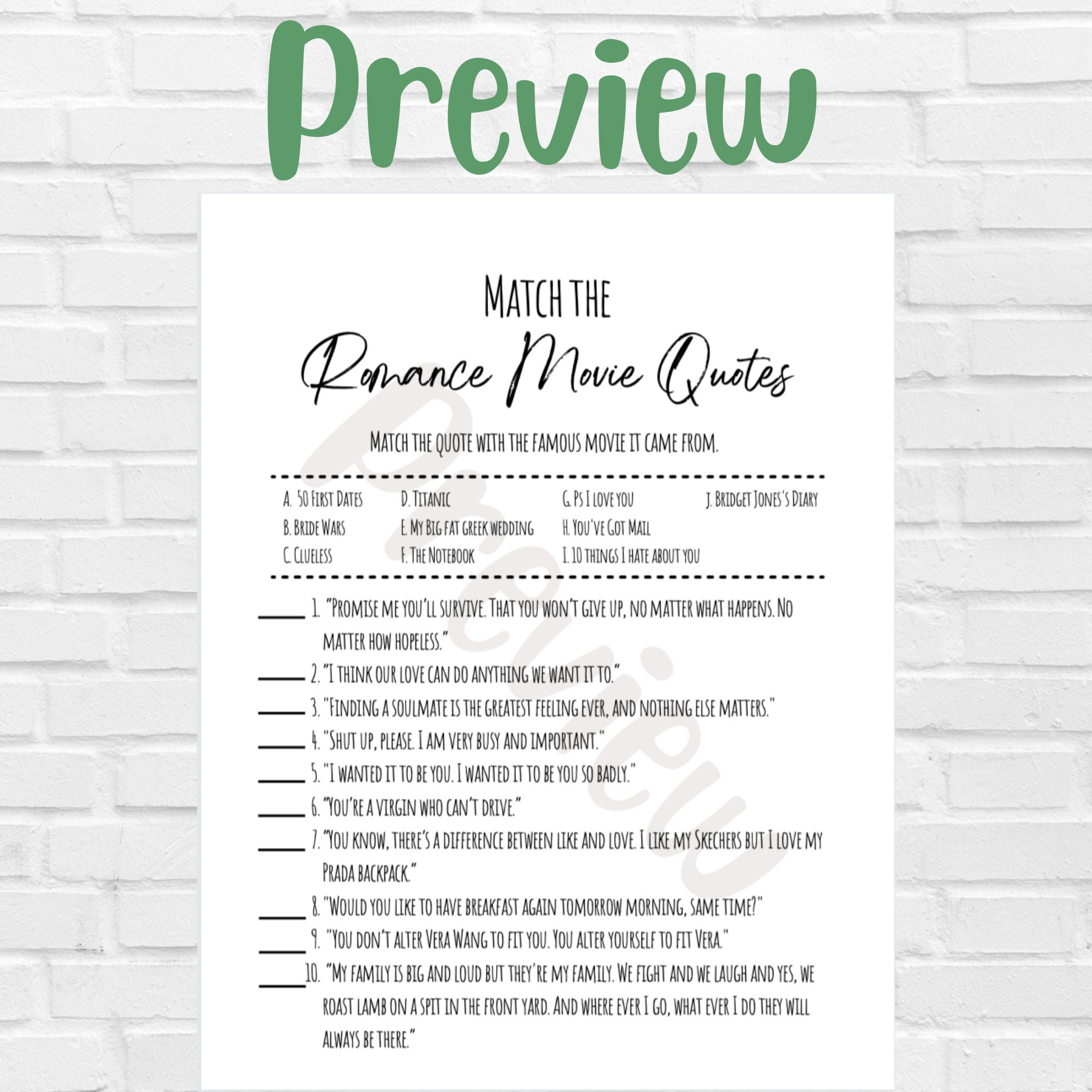 Match the Romance Movie Quote Game, Bridal Shower Games Printable ...