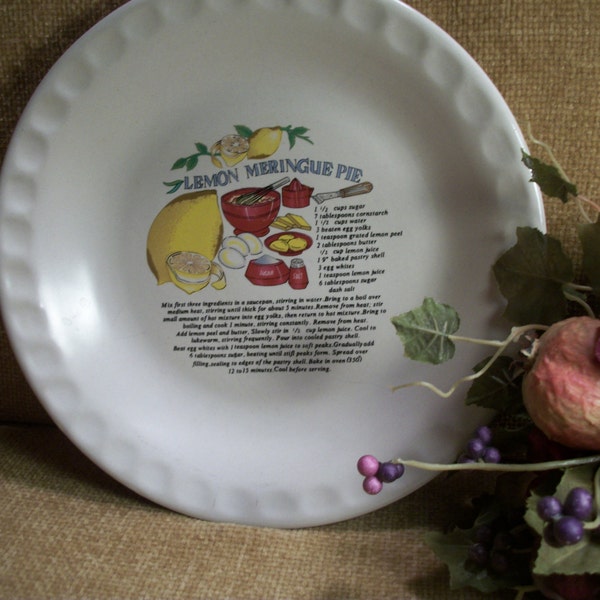 Pie Pan  Lemon Meringue Recipe Ceramic Bakeware White Red and Yellow 10" Dish Vintage 1980's