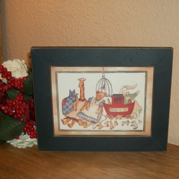 Wall Hanging Picture Noah and Co. Ark and Animals Framed Art Print by Linda Spivey Giraffe Bear Bunny Rabbit Red Boat Children's Room Decor