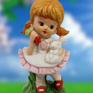 Figurine Girl with Bunny Hand Painted Porcelain Bisque White Rabbit Vintage 1970s Homco Collectible Home Decor