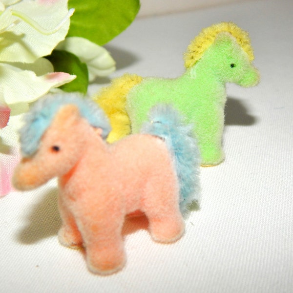 Miniature Pony Figurines Pink and Green Tiny Flocked Plastic Horses Vintage Party Favor Craft Supply Home Decor Collectible