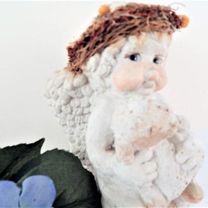 Angel and Lamb Figurine Dreamsicle Cherub Vintage 1990s Kristin Haynes Cast Art Chalkware Angel Collector Gift Cottage Shabby Home Decor