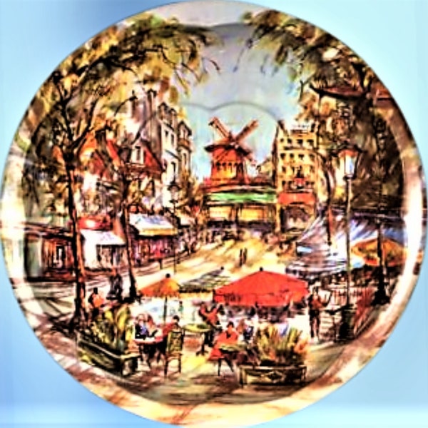 Metal Bowl Paris Moulin Rouge Parisian Cafe City Scene Daher Decorated Ware Platter Colorful Tin Serving Tray Vintage 1971 Made in England