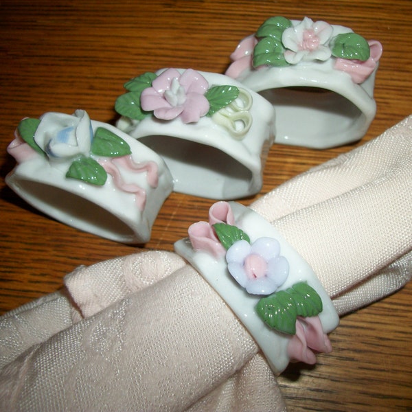 Napkin Rings Porcelain Floral Table Accessory Set of Four White Octagon Vintage 1980's Cottage Chic Pink and Blue Flowers