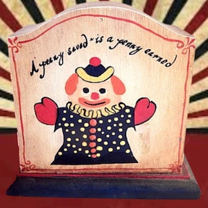 Coin Bank Childrens Piggy Bank Antique 1930s Handcrafted Handpainted Clown Money Box Penny Saved Vintage American Folk Art Home Decor