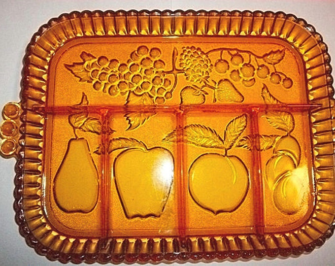 Indiana Glass Fruit Motif Vintage Amber Glass Serving Platter Canape