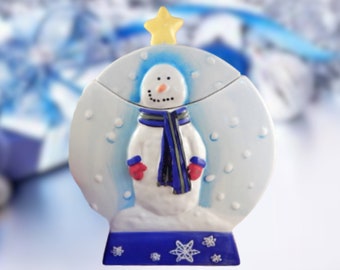 Cookie Jar Snowman Snow Globe Hand Painted Ceramic Storage Container Winter Holiday Christmas Treat Jar