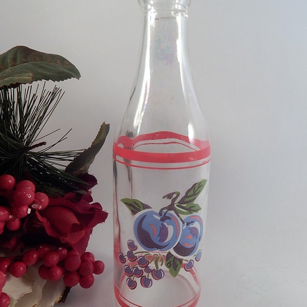 Glass Bottle Oil  Vinegar Syrup Bottle Red Fruit Motif Country Farmhouse Cottage Home Decor