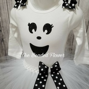 Cute Ghost halloween glitter vinyl tutu skirt and shirt long sleeve bodysuit newborn to 5T halloween costume ghost tutu outfit image 1