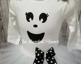 Cute Ghost halloween glitter vinyl tutu skirt and shirt long sleeve bodysuit newborn to 5T halloween costume ghost tutu outfit