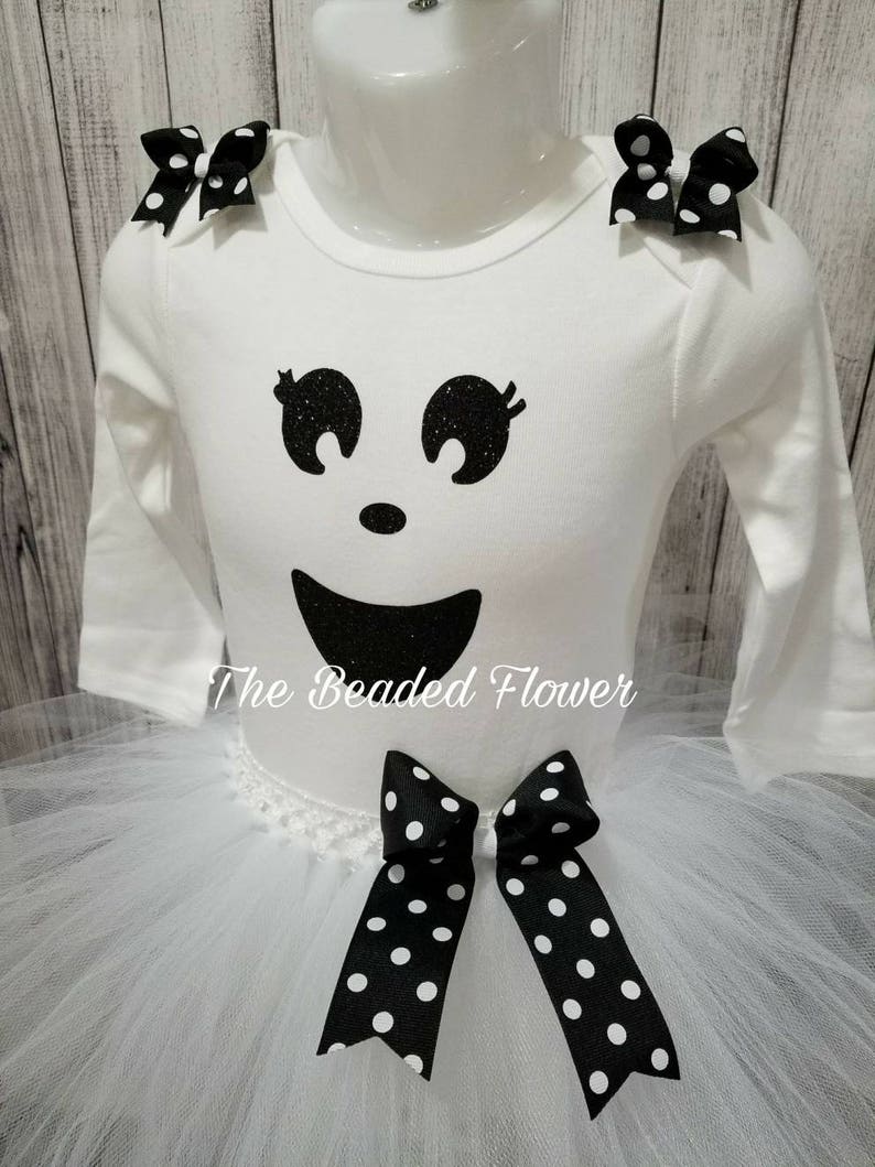 Cute Ghost halloween glitter vinyl tutu skirt and shirt long sleeve bodysuit newborn to 5T halloween costume ghost tutu outfit image 1