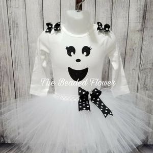 Cute Ghost halloween glitter vinyl tutu skirt and shirt long sleeve bodysuit newborn to 5T halloween costume ghost tutu outfit image 4