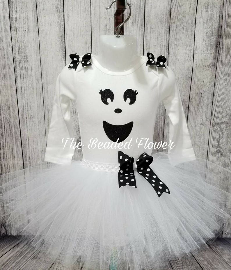 Cute Ghost halloween glitter vinyl tutu skirt and shirt long sleeve bodysuit newborn to 5T halloween costume ghost tutu outfit image 4