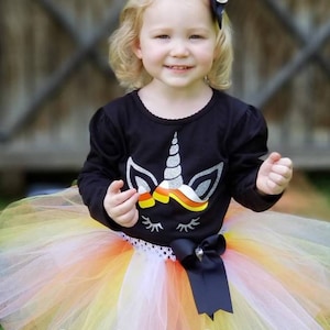 Cute Candy Corn Unicorn halloween glitter vinyl tutu skirt and shirt long sleeve Unicorn outfit