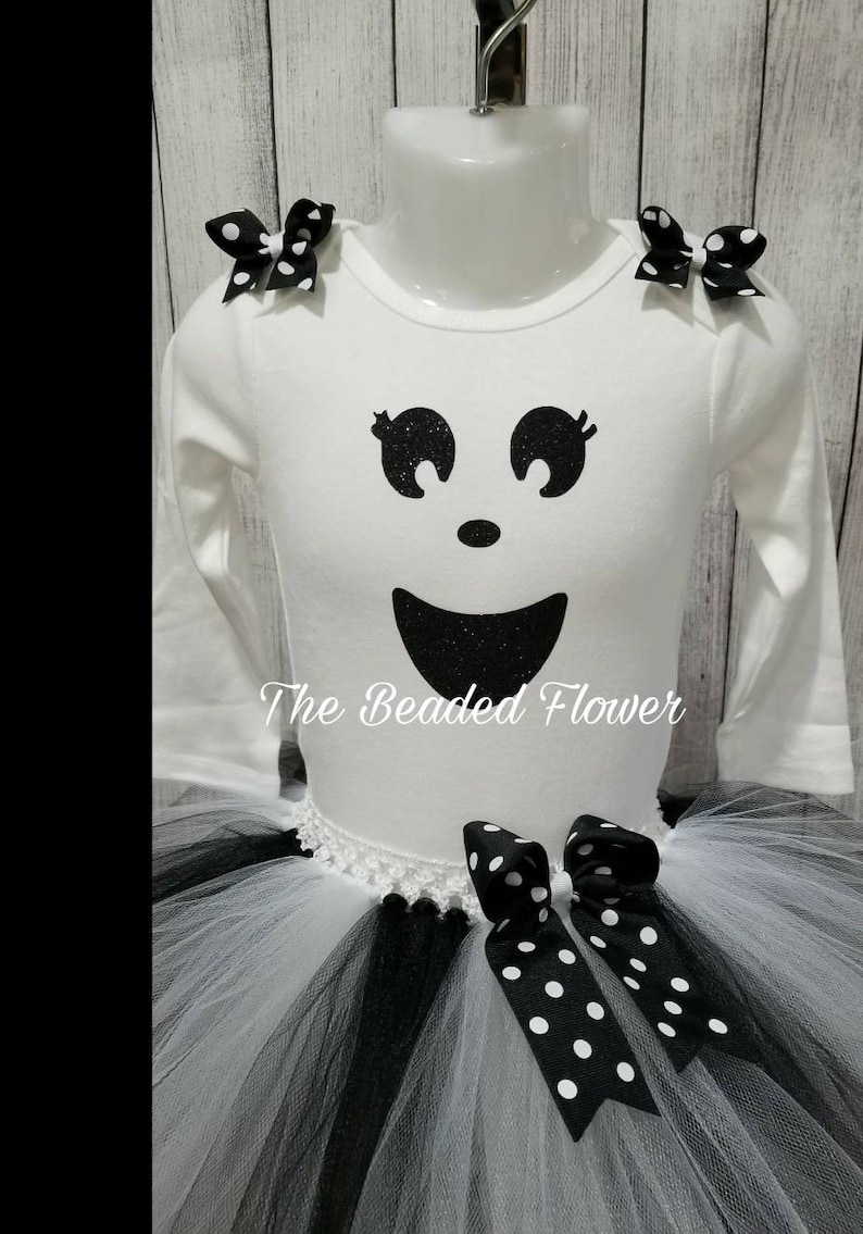 Cute Ghost halloween glitter vinyl tutu skirt and shirt long sleeve bodysuit newborn to 5T halloween costume ghost tutu outfit image 6