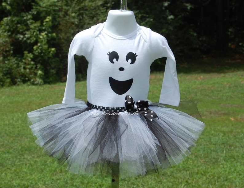 Cute Ghost halloween tutu skirt and shirt long sleeve bodysuit newborn to 5T halloween costume ghost tutu outfit image 4