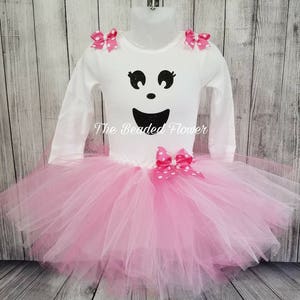 Cute Ghost halloween tutu skirt and shirt long sleeve bodysuit newborn to 5T halloween costume pink ghost ghost tutu outfit 4/5 6x