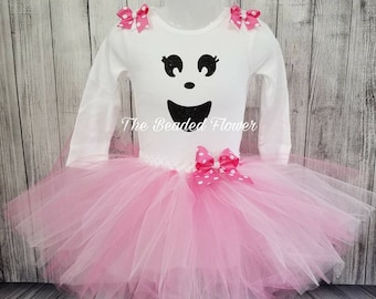 Cute Ghost halloween tutu skirt and shirt long sleeve bodysuit newborn to 5T halloween costume pink ghost ghost tutu outfit 4/5 6x