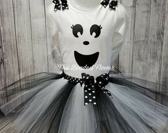 Cute Ghost halloween tutu skirt and shirt long sleeve bodysuit newborn to teen halloween costume ghost tutu outfit