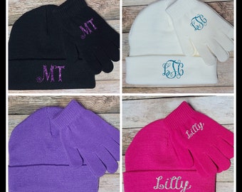 Child hat and glove set monogram personalized gifts kids winter hat girls