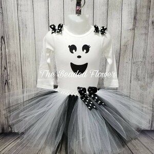 Cute Ghost halloween glitter vinyl tutu skirt and shirt long sleeve bodysuit newborn to 5T halloween costume ghost tutu outfit image 5