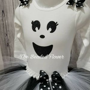 Cute Ghost halloween glitter vinyl tutu skirt and shirt long sleeve bodysuit newborn to 5T halloween costume ghost tutu outfit image 7