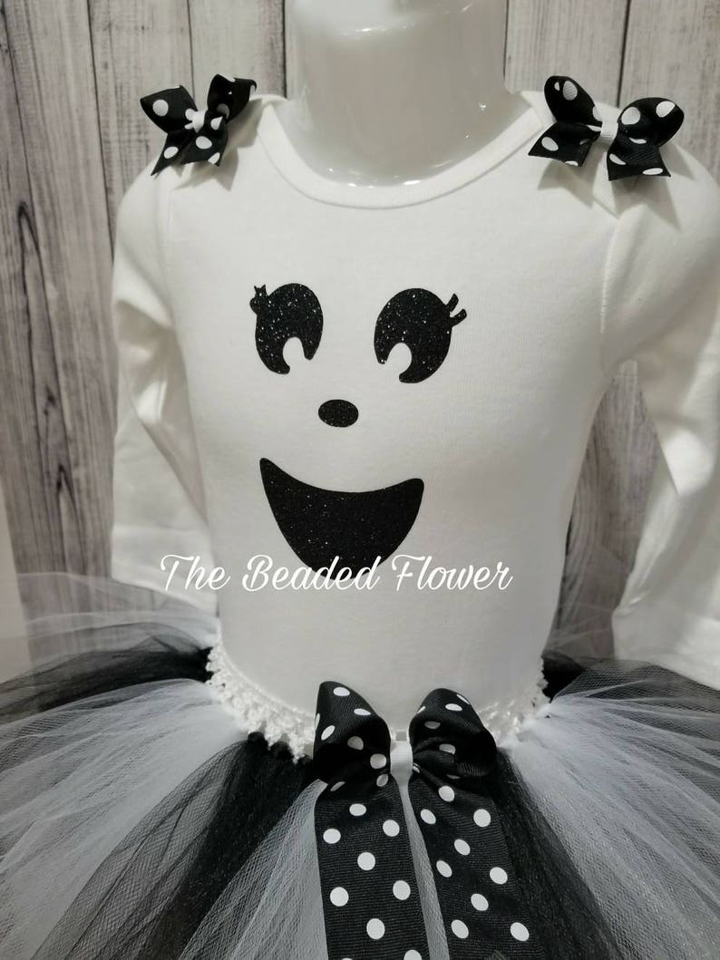 Cute Ghost halloween glitter vinyl tutu skirt and shirt long sleeve bodysuit newborn to 5T halloween costume ghost tutu outfit image 7