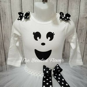 Cute Ghost halloween glitter vinyl tutu skirt and shirt long sleeve bodysuit newborn to 5T halloween costume ghost tutu outfit image 3