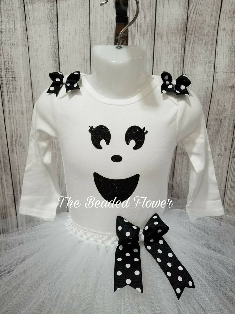 Cute Ghost halloween glitter vinyl tutu skirt and shirt long sleeve bodysuit newborn to 5T halloween costume ghost tutu outfit image 3