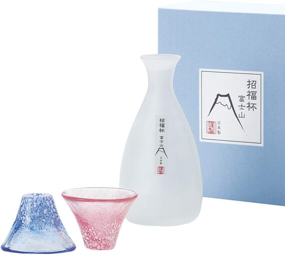 From Japan Glass Sake Bottle & Cups Set Sakazuki Blue Red Etsy