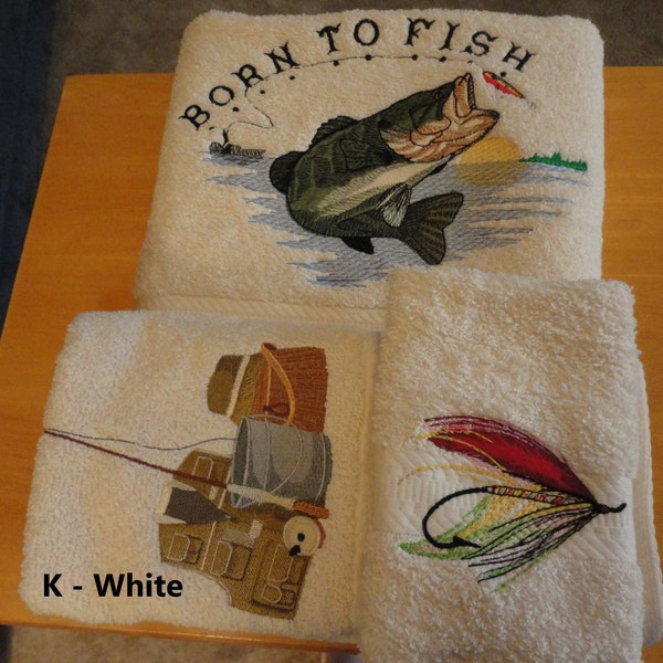 Born To Fish Bass Embroidered 3 Piece Towel Set - Bath Towel or Bath Sheet, Hand Towel and Washcloth - Pick You Color of Towel