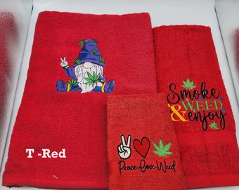 Ensemble de 3 serviettes brodées Stoner Gnomes - serviette de bain ou drap de bain, essuie-mains et gant de toilette - couleur de la serviette au choix