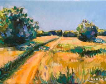 Abstract landscape painting, yellow fields and trees small artwork, contemporary wall art, 16"x12", nature art, original oil painting, road