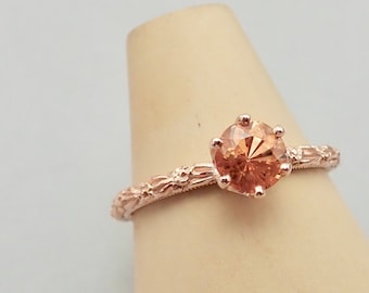 Vintage Peach Color Imperial Topaz Carved Flower Band Engagement Ring 14k Rose / Pink Gold Very Petite Promise Ring