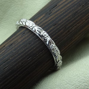 Thin Antique Carved Flower Wedding Band with Milgrain 2mm Wide 18k Solid White Gold Vintage / Antique Style