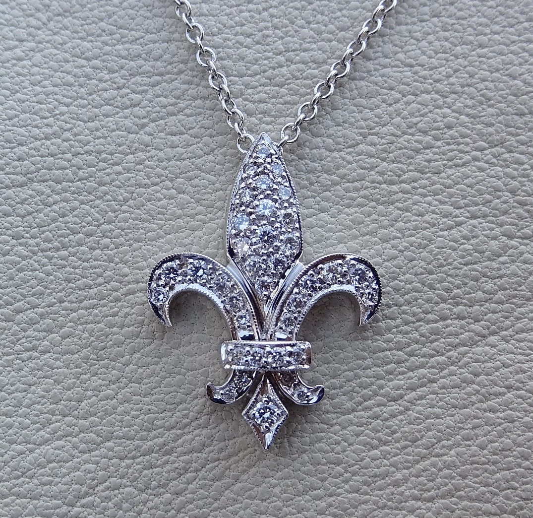 Fleur de Lis Diamond Pendant Solid 18k White Gold French Lily Etsy