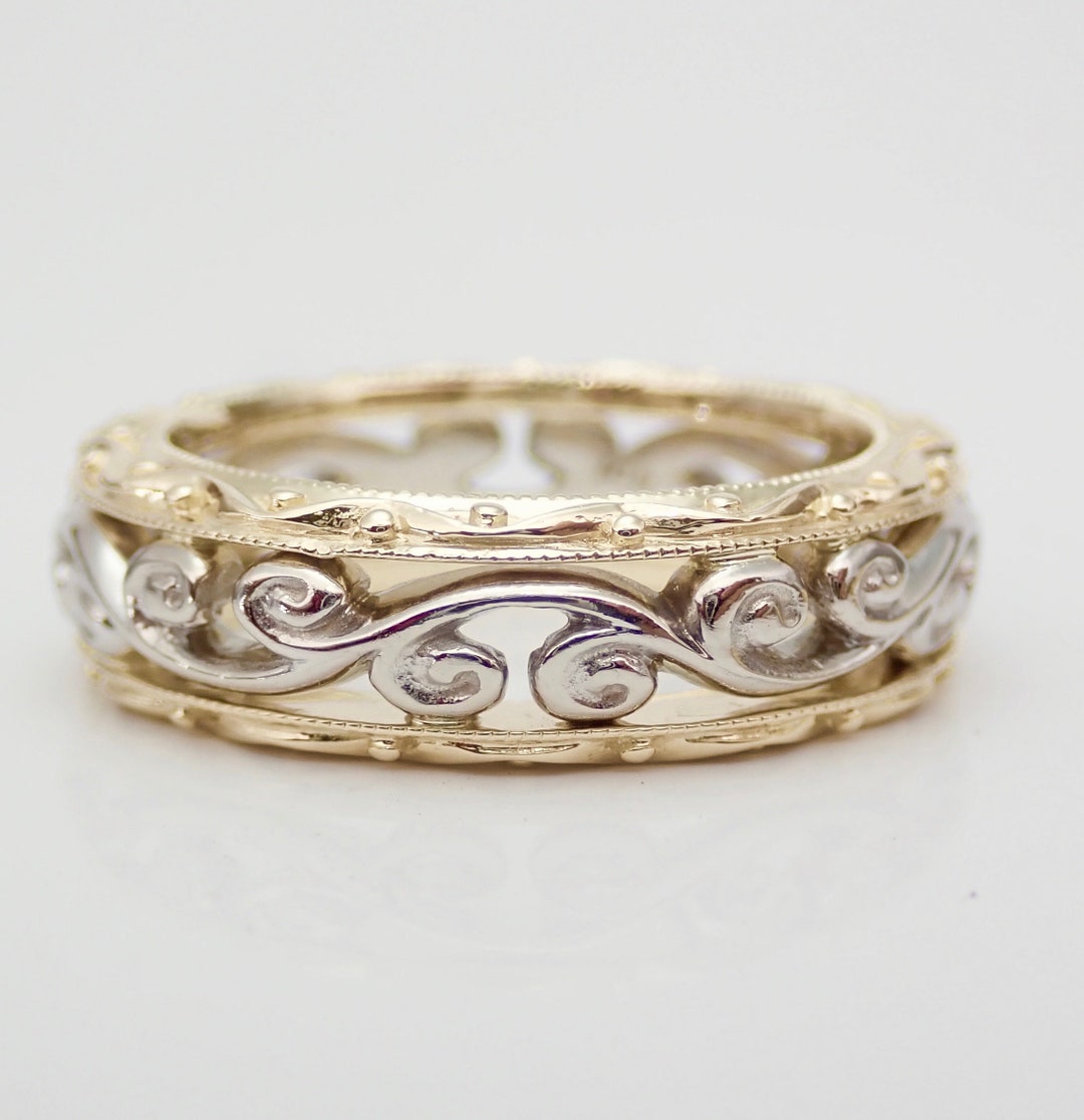 Unique Wide 14k White / Yellow Gold Scroll / Wave Pattern Wedding Band ...