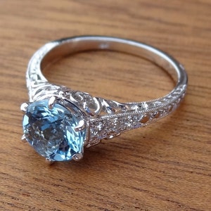 Filigree & Engraved Light Blue Aquamarine with Diamonds Engagement Ring Vintage / Antique Style 18k White Gold